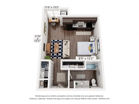 Floor plan for studio, 1 bath, 573 sqft